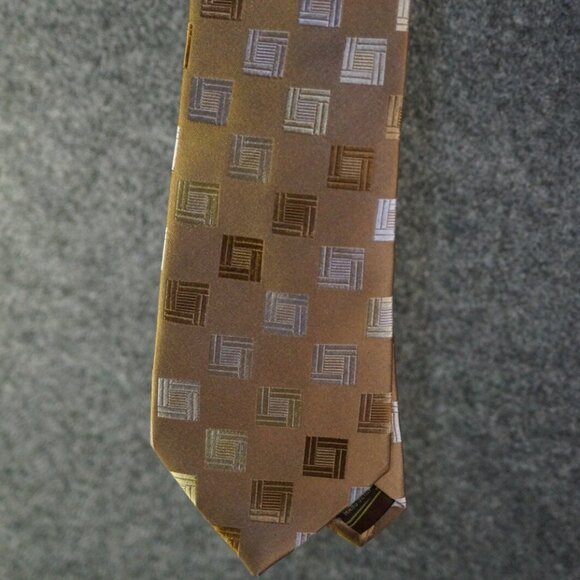 BCBG Attitude Tie Brown Beige Geometric Square Pattern Silk Blend Menswear - Picture 1 of 2